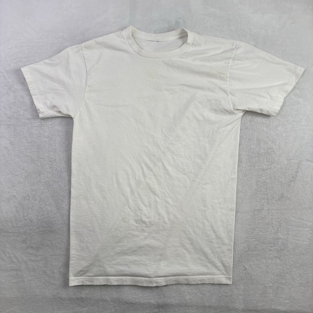 VTG 80's White Black Short Sleeve Single Stitch Shirt Distressed Men's Large
